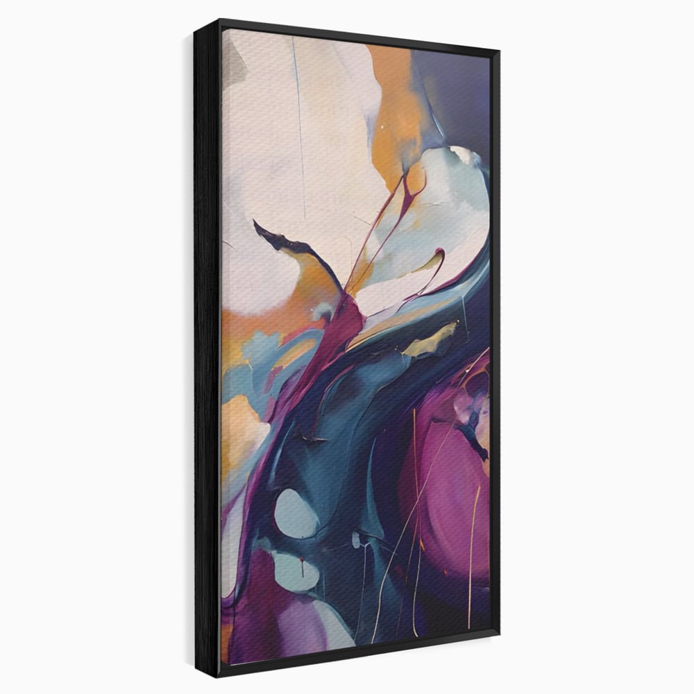 Tablou canvas cu pictura abstracta cu curbe fluide, in rama de aluminiu negru